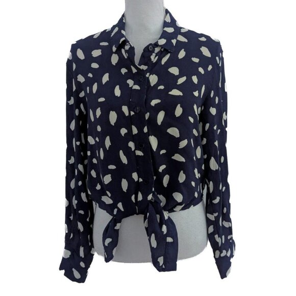 Reformation Tie-Front Splatter Print Long Sleeve Button Down Blouse - Picture 2 of 6